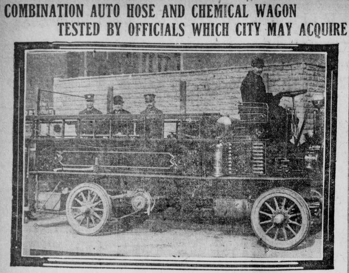 Combination Auto Hose and Chemical Wagon Tested by Officials Which City May Acquire
Newark Star 1909
