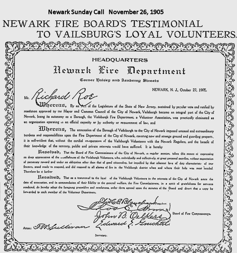 Newark Fire Board's Testimonial to Vailsburg's Loyal Volunteers
November 26, 1905
