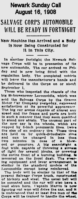 Salvage Corps Automobile Will be Ready in Fortnight
1908
