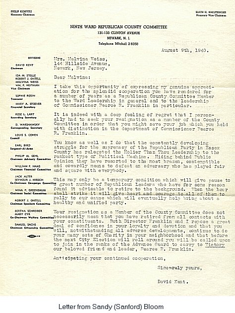 Ninth Ward Republican County Committee to Mrs. Weiss
Letter from Sandy (Sanford) Bloom
